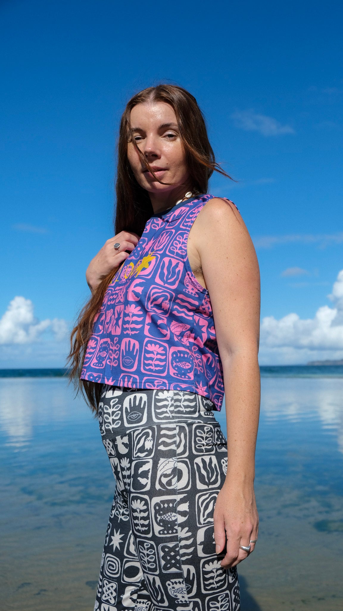 *100* Sleeveless Crop Tee - Cobalt Pink Tiles