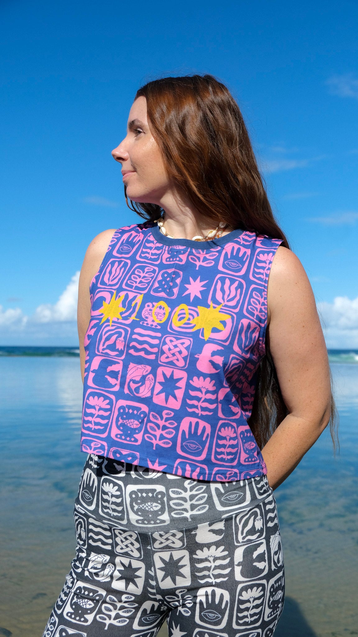 *100* Sleeveless Crop Tee - Cobalt Pink Tiles