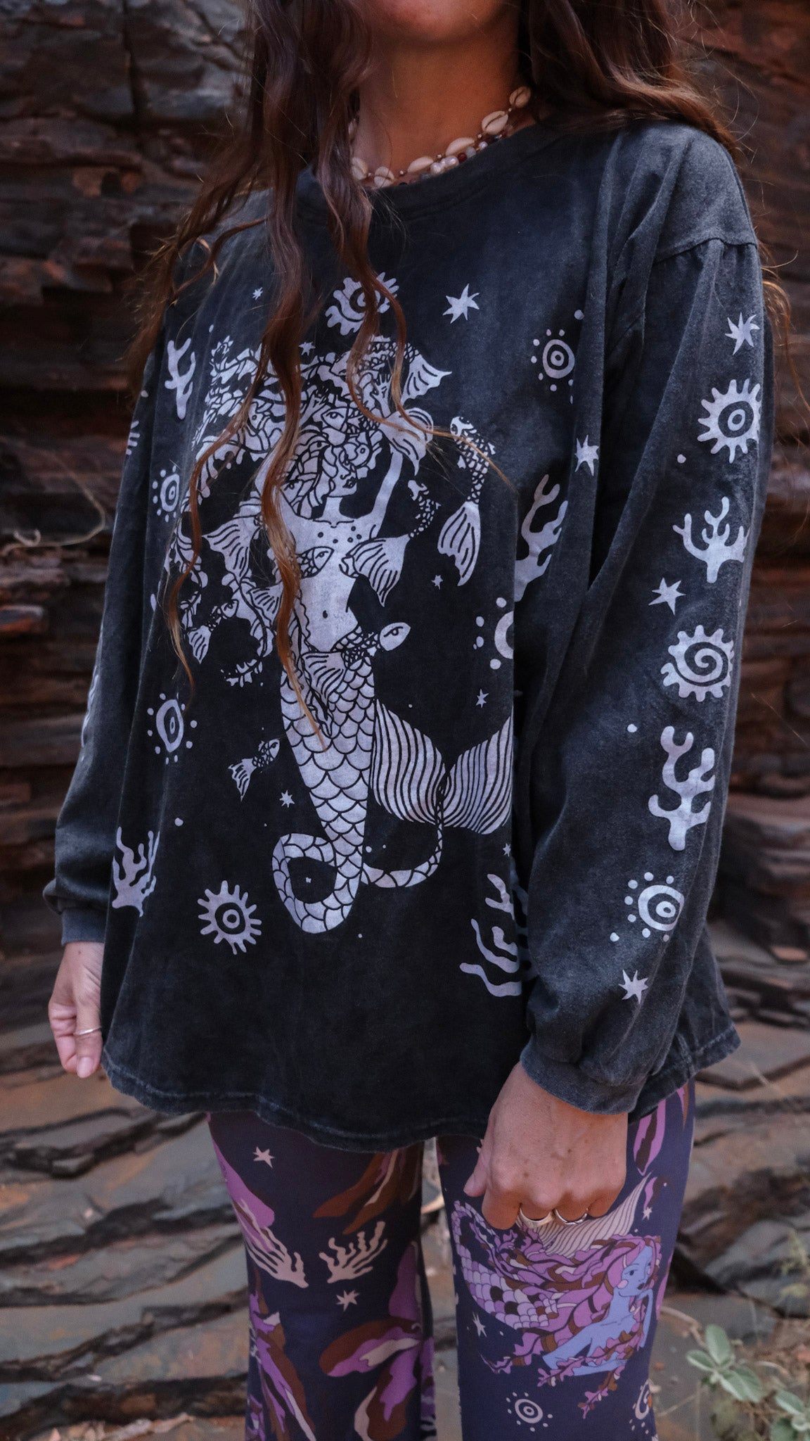 Celtic Mermaid Long Sleeve T-shirt - Black Stonewash