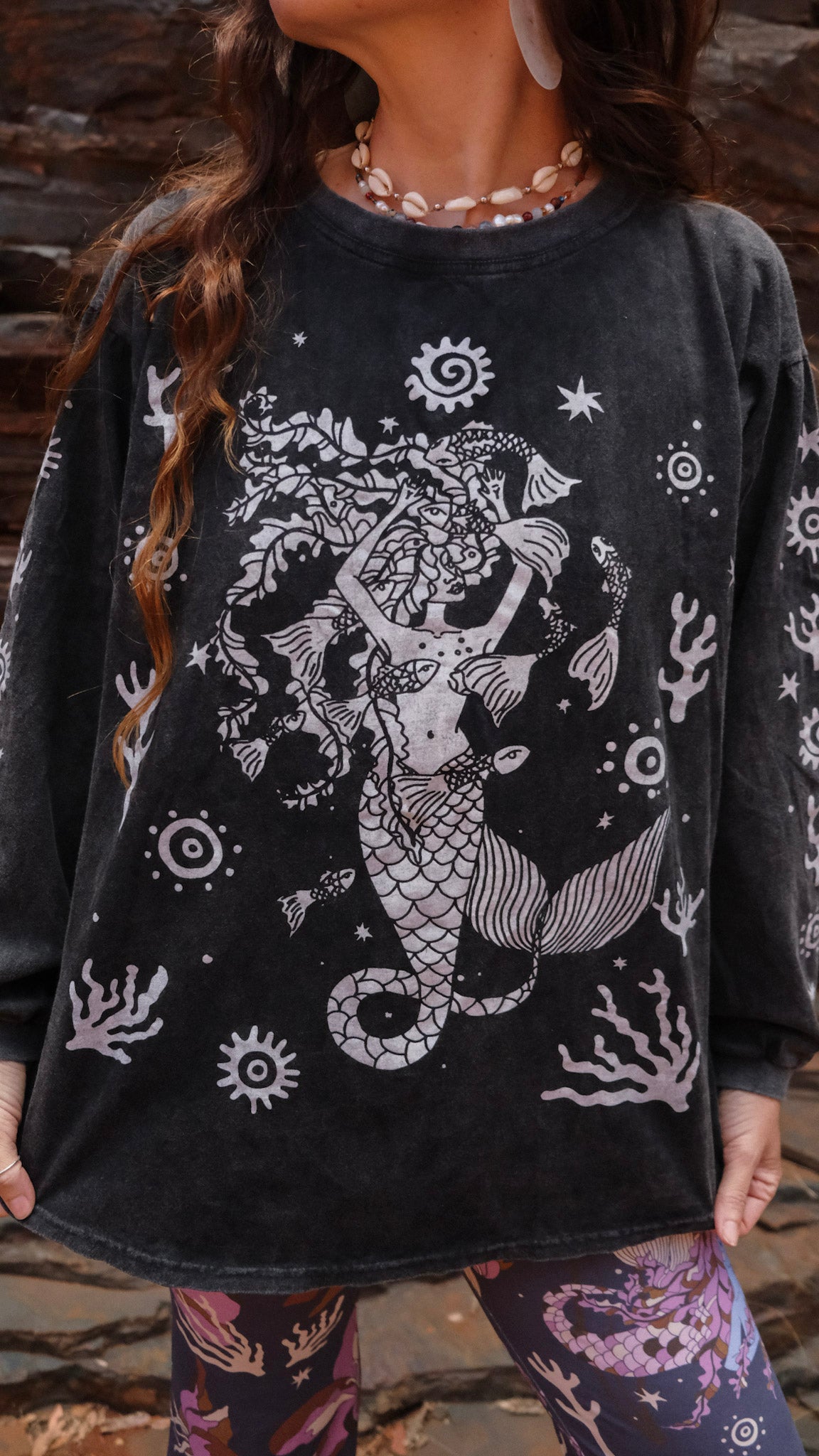 Celtic Mermaid Long Sleeve T-shirt - Black Stonewash