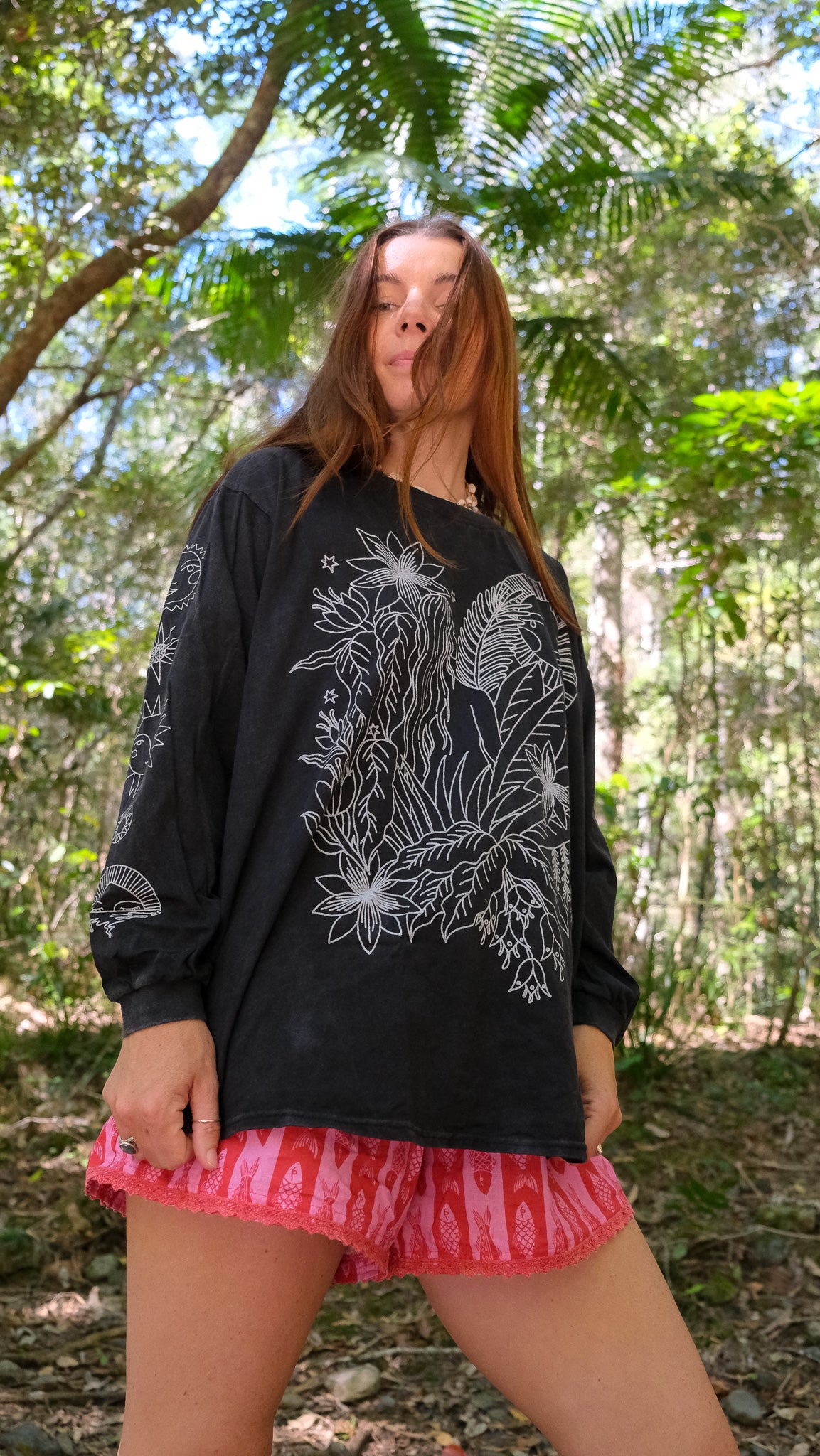 Jungle Woman Long Sleeve T-shirt - Black Stonewash