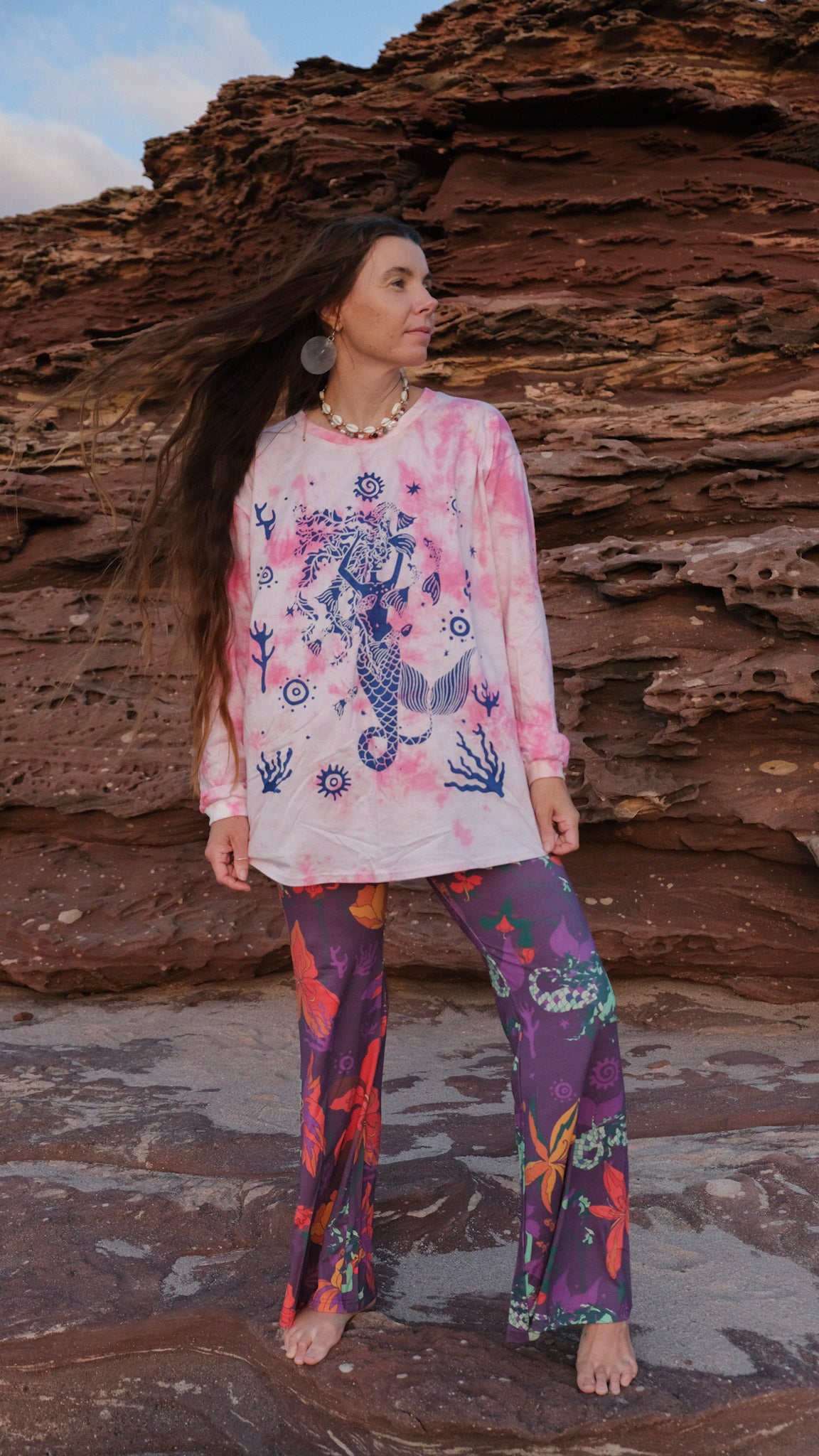 Celtic Mermaid Long Sleeve T-shirt - Pink Tie Dye