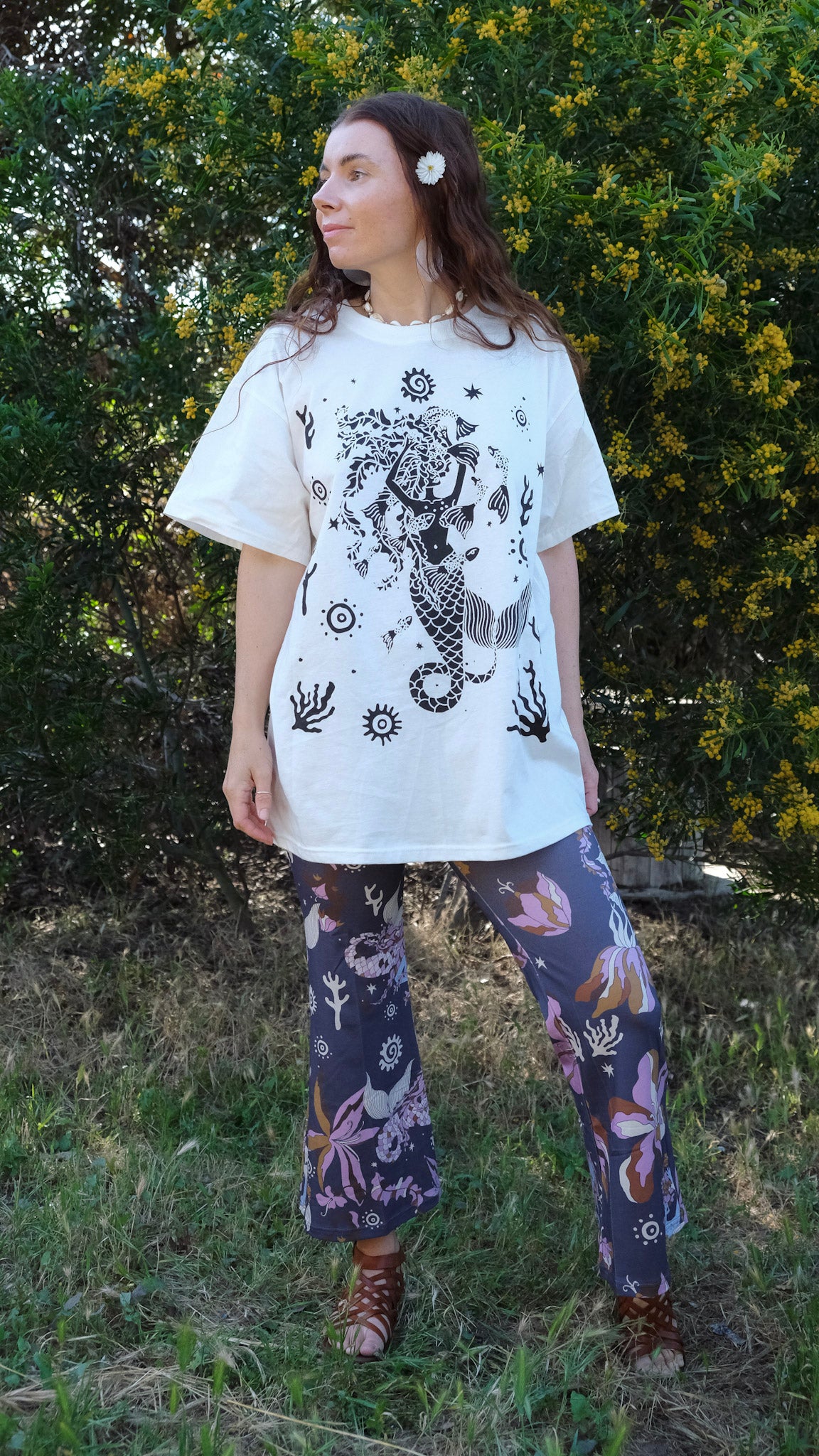 Charcoal Celtic Mermaid T-shirt - Natural White