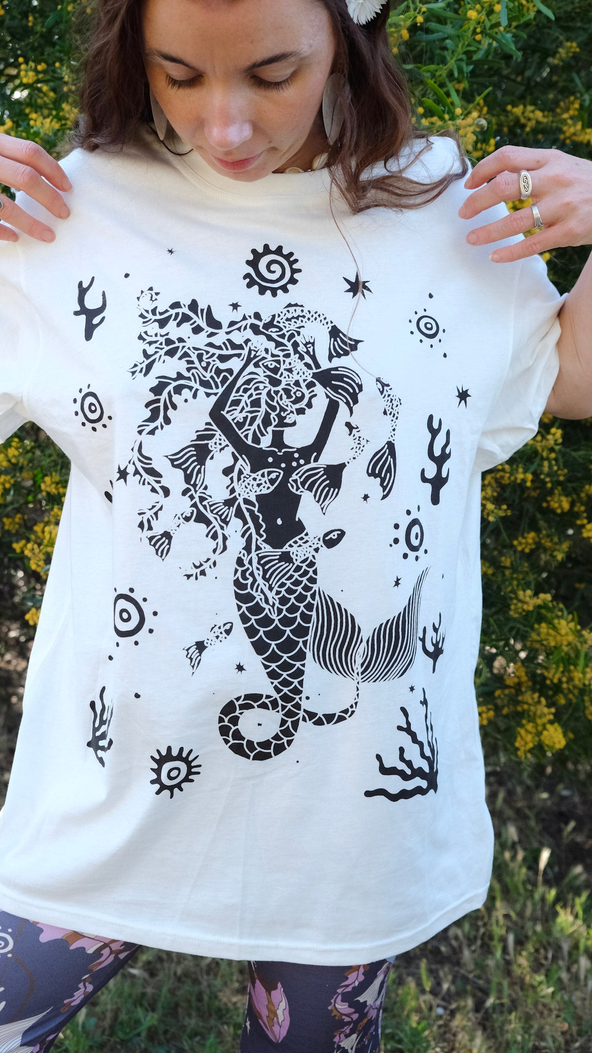Charcoal Celtic Mermaid T-shirt - Natural White