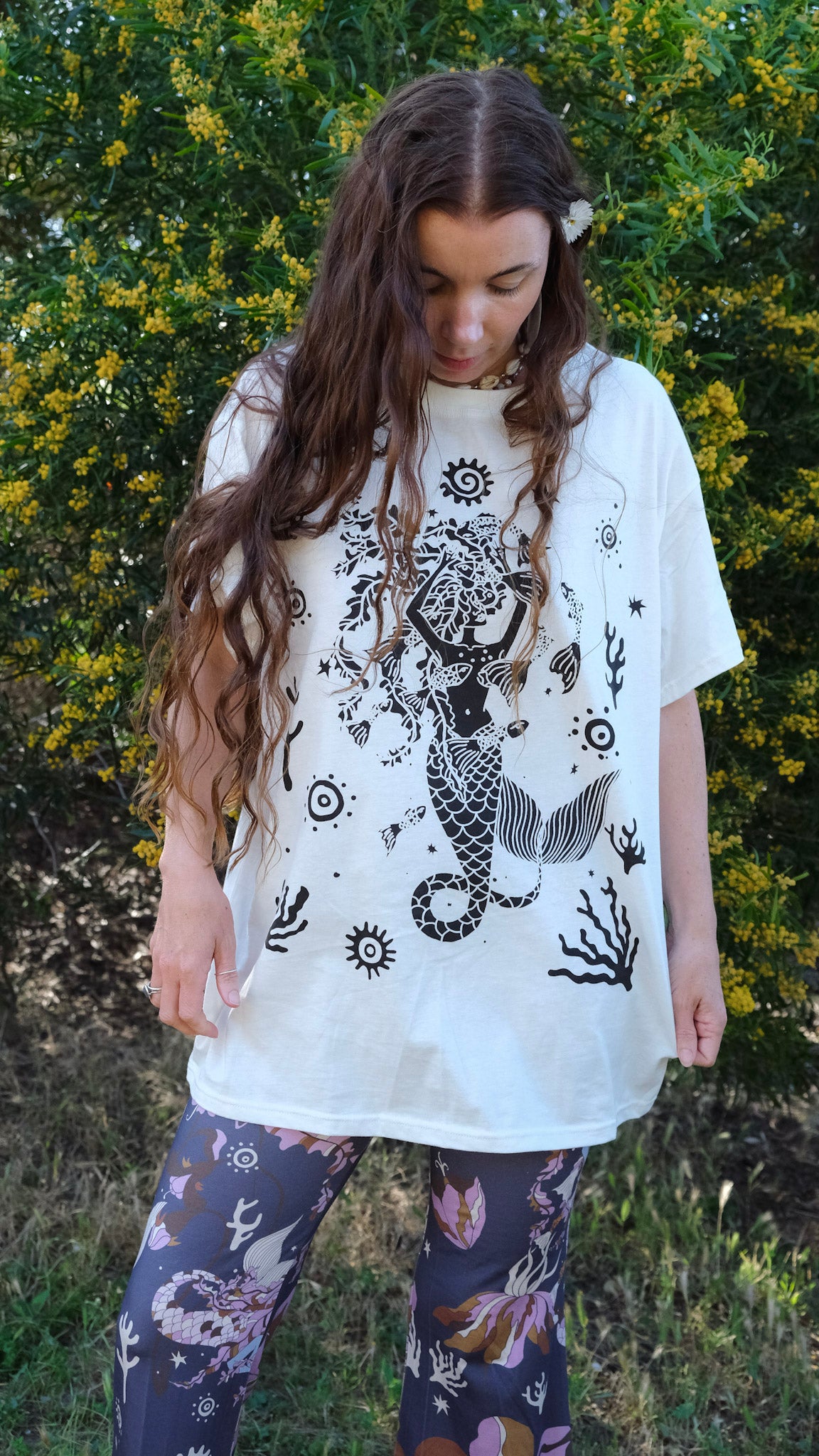 Charcoal Celtic Mermaid T-shirt - Natural White