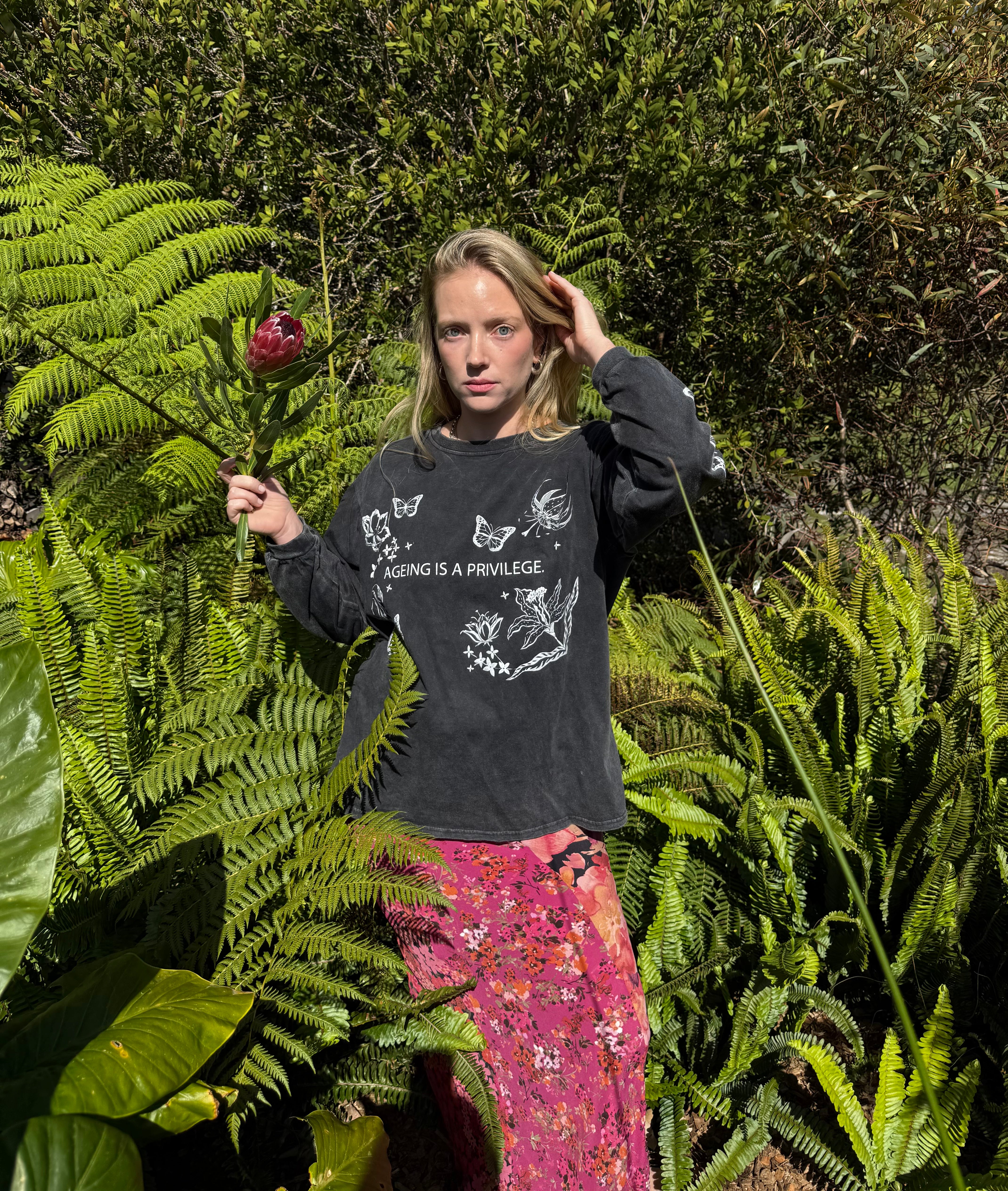Ageing is a Privilege Long Sleeve T-shirt - Black Stonewash