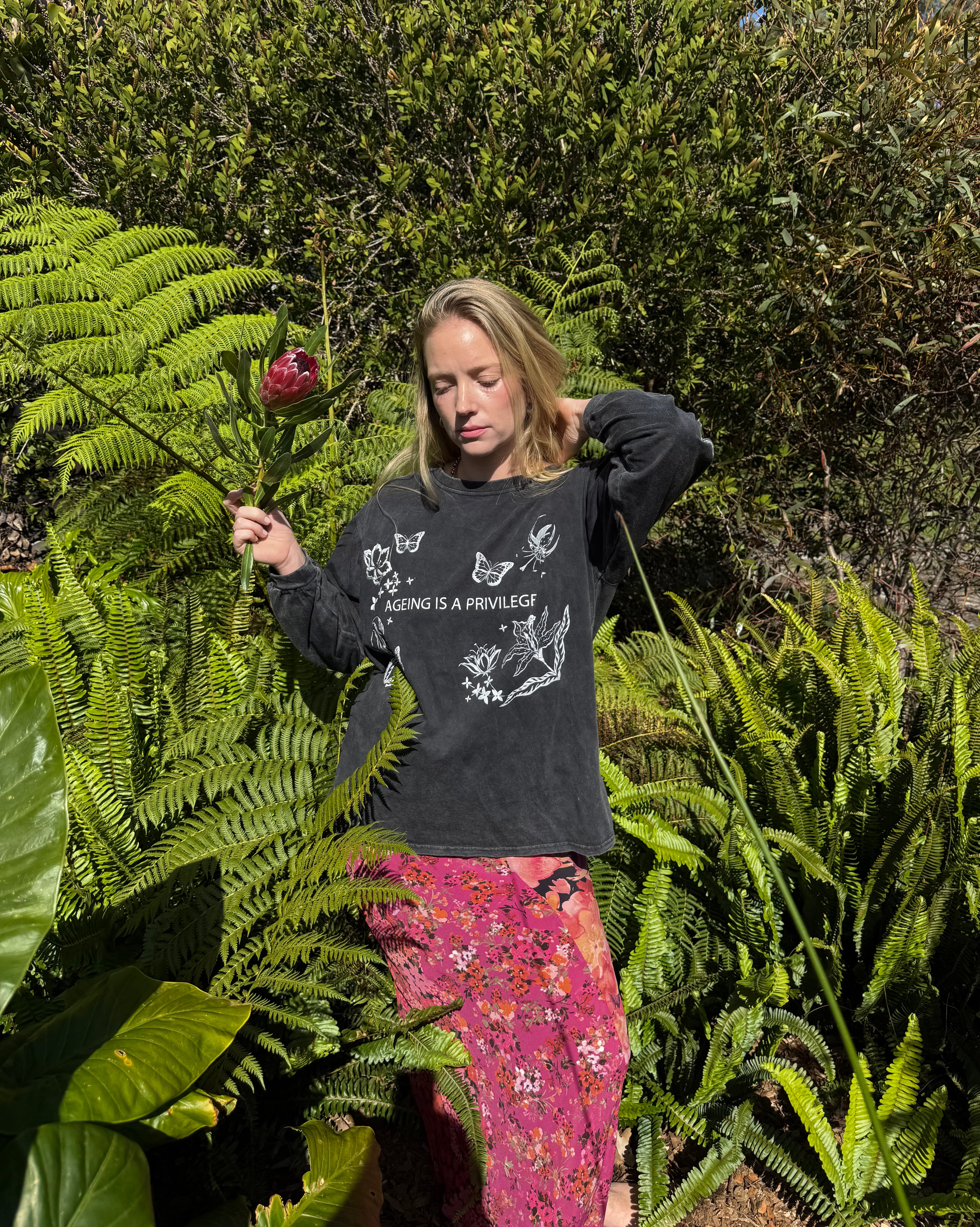 Ageing is a Privilege Long Sleeve T-shirt - Black Stonewash