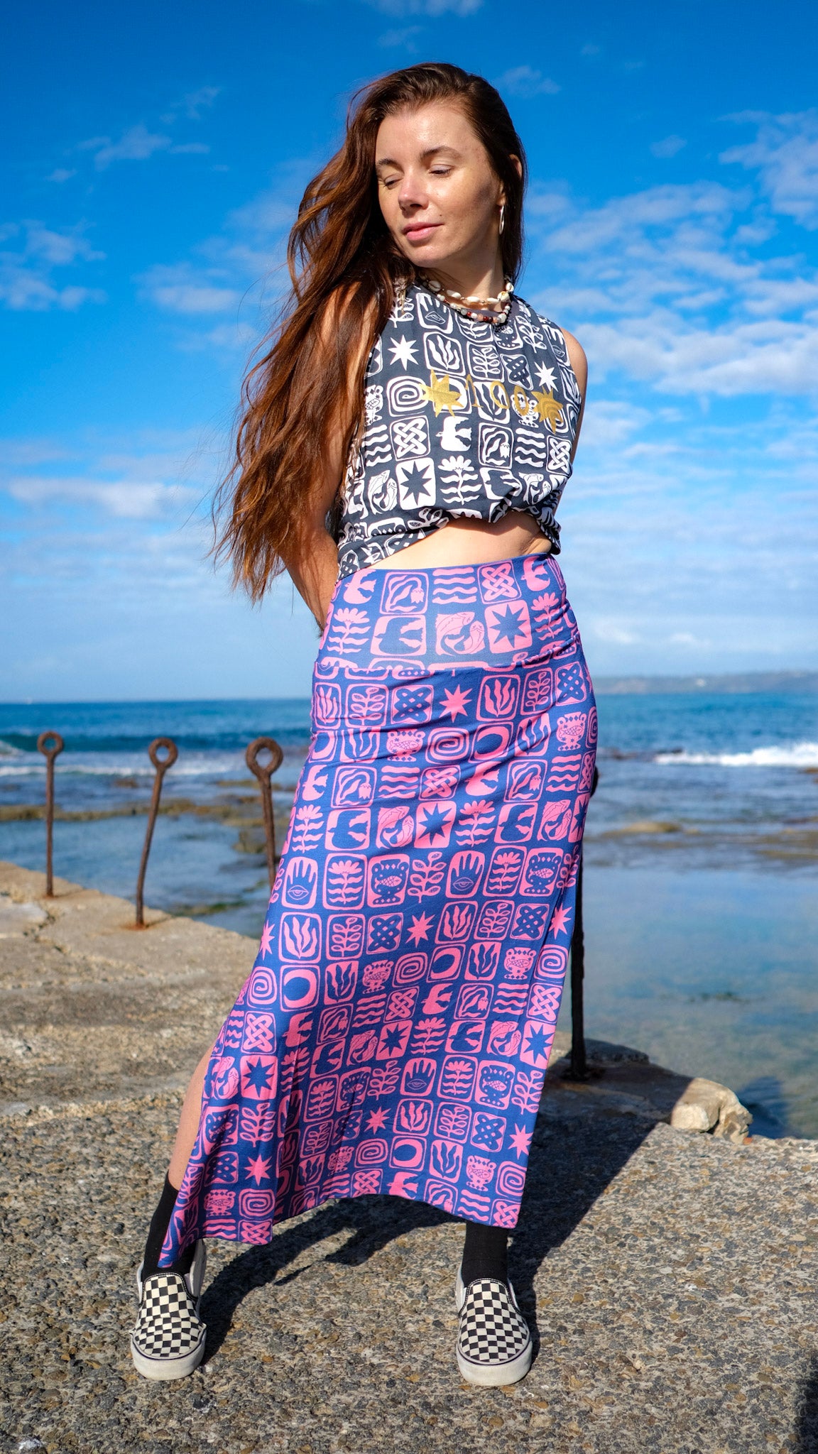 *100* Sleeveless Crop Tee - Charcoal Tiles