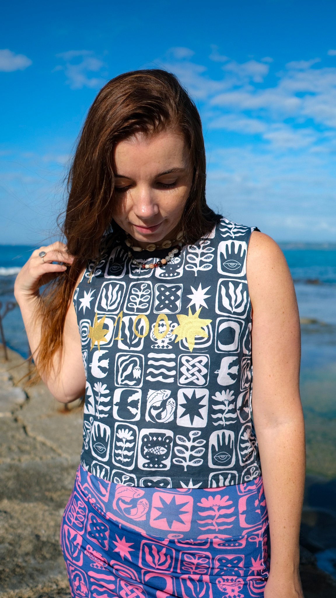 *100* Sleeveless Crop Tee - Charcoal Tiles