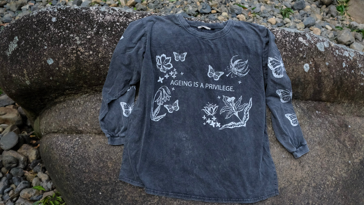 Ageing is a Privilege Long Sleeve T-shirt - Black Stonewash